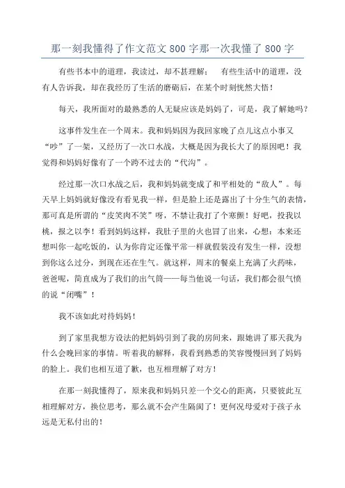 那一刻我懂得了作文范文800字那一次我懂了800字