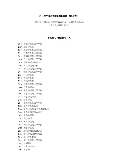 2016年中国科技核心期刊目录(医药类)