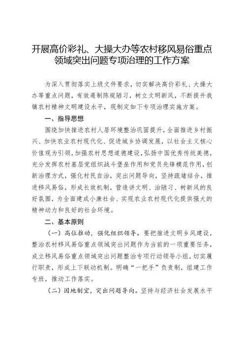开展高价彩礼、大操大办等农村移风易俗重点领域突出问题专项治理的工作方案