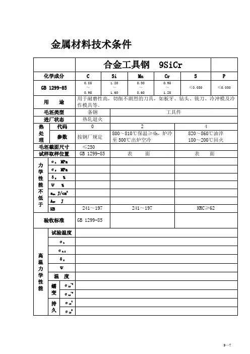 合金工具钢  9SiCr材料技术要求