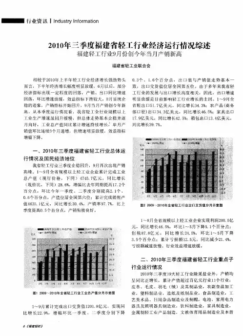 2010年三季度福建省轻工行业经济运行情况综述