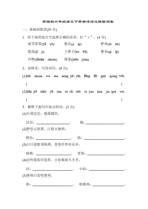 部编版六年级语文下册古诗词专项检测卷(含答案)