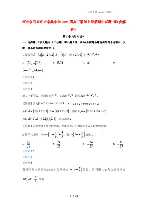 河北省石家庄市辛集中学2021届高三数学上学期期中试题 理(含解析).doc