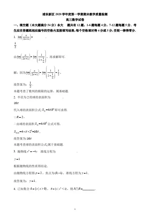 上海市浦东新区2021届高三上学期一模数学试题