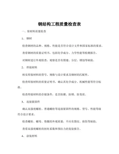钢结构工程质量检查表