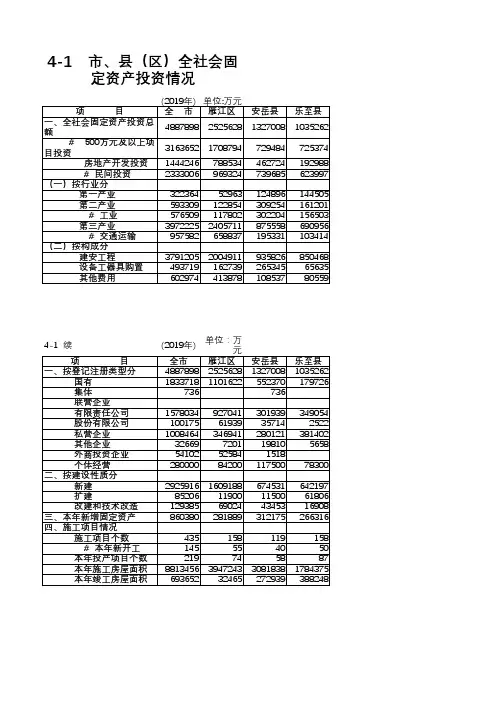 资阳统计年鉴2020社会经济发展指标：雁江安岳乐至全市县区全社会固定资产投资情况