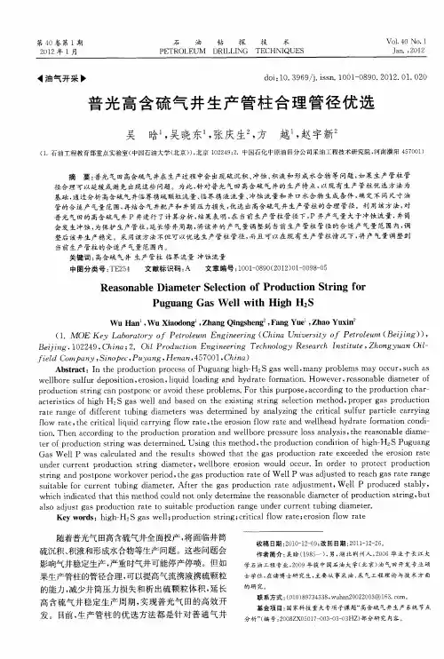 普光高含硫气井生产管柱合理管径优选