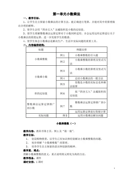 新人教版小学五年级上册数学第一单元小数乘法教案