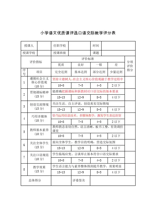 小语优质课口语交际教学评价表