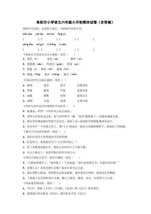 阜阳市小学语文六年级小升初期末试卷(含答案)