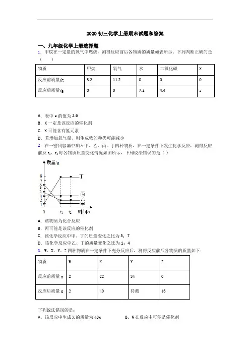 2020初三化学初三化学上册期末试题和答案
