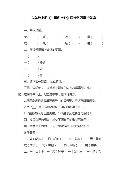 部编版六年级上册《三黑和土地》同步练习题含答案(最新)