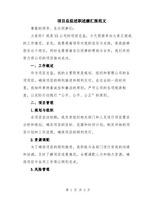 项目总监述职述廉汇报范文