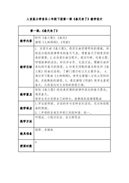 人音版小学音乐二年级下册第一课《春天来了》教学设计表格教案