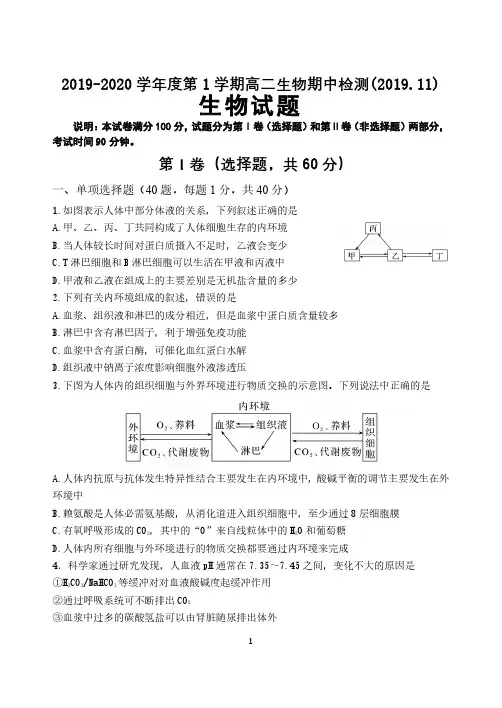 山东济南第一中学2019-2020学年高二上学期期中考试生物