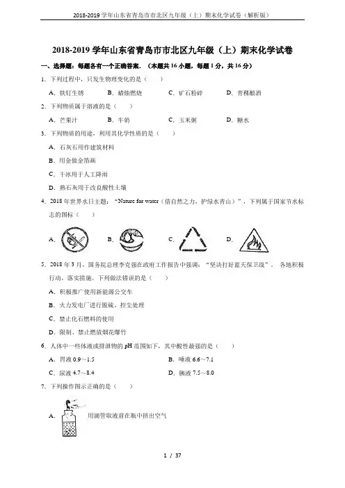 2018-2019学年山东省青岛市市北区九年级(上)期末化学试卷(解析版)