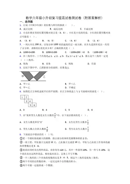 数学六年级小升初复习提高试卷测试卷(附答案解析)