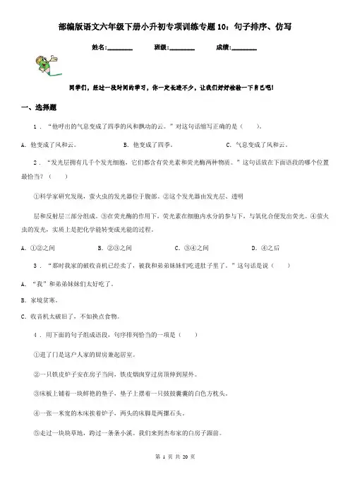 部编版语文六年级下册小升初专项训练专题10：句子排序、仿写