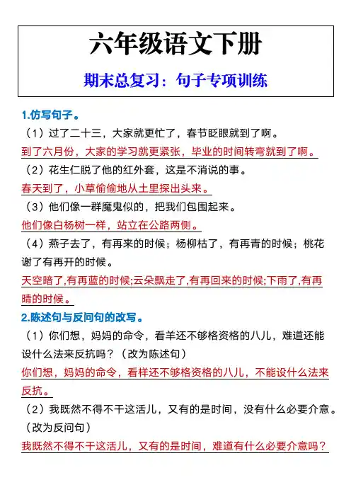 六年级语文下册 期末总复习：句子专项训练