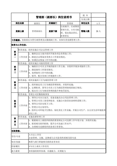 副部长(行政后勤)岗位说明书