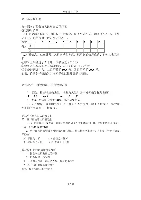 (word完整版)六年级数学下册预习案