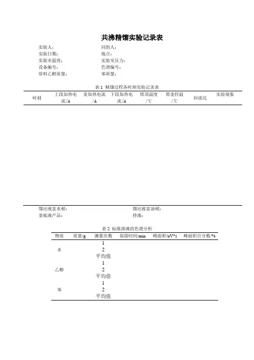 共沸精馏原始数据记录表