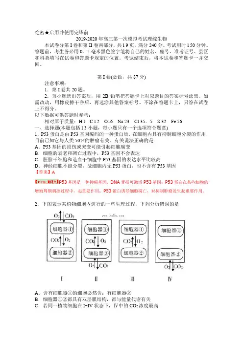 2019-2020年高三第一次模拟考试理综生物.doc