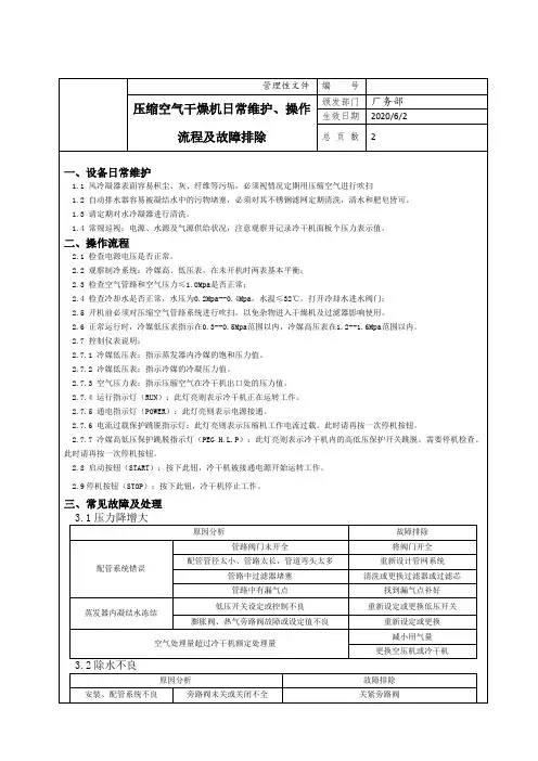 压缩空气干燥机日常维护、操作流程及故障排除
