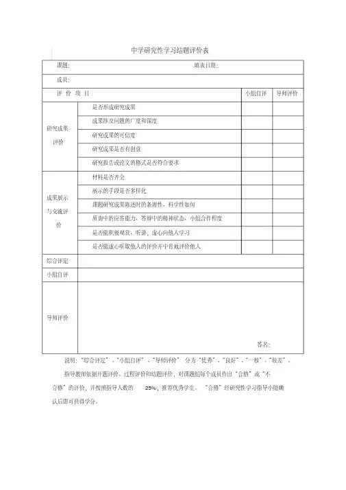 【结题评价表】中学研究性学习结题评价表