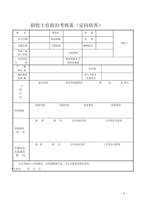 招收士官政治考核表(定向培养)