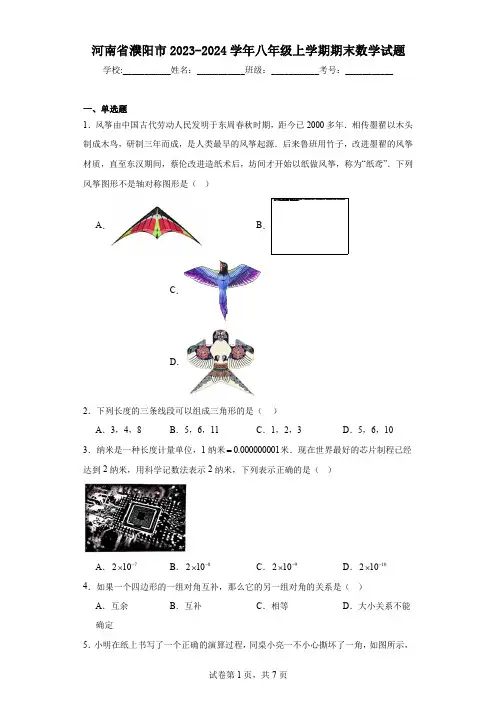 河南省濮阳市2023-2024学年八年级上学期期末数学试题