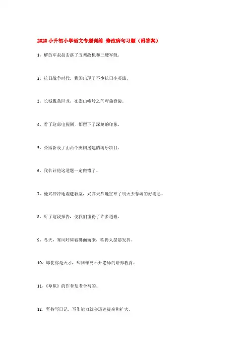 2020小升初小学语文专题训练 修改病句习题(附答案)