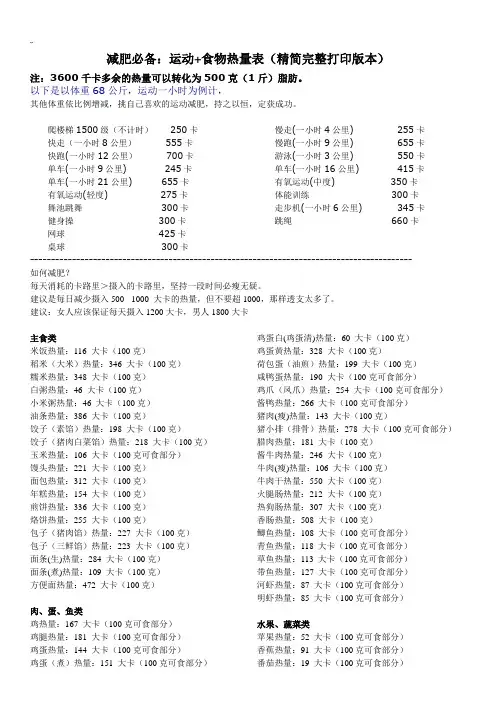 减肥必备运动食物热量表(精简完整资料汇编版本)