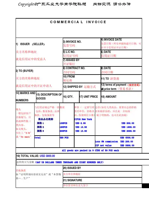 commercial invoice 填写说明