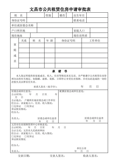 文昌市公共租赁住房申请审批表