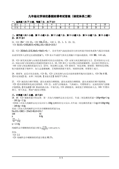 【9化学培优体系2期】2019年9年级化学培优暑假结课考试答案2期