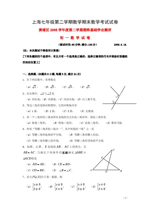 上海七年级第二学期数学期末数学考试试卷 (5)