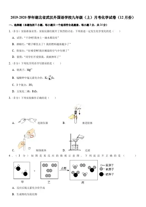 2019-2020学年湖北省武汉外国语学校九年级(上)月考化学试卷(12月份)