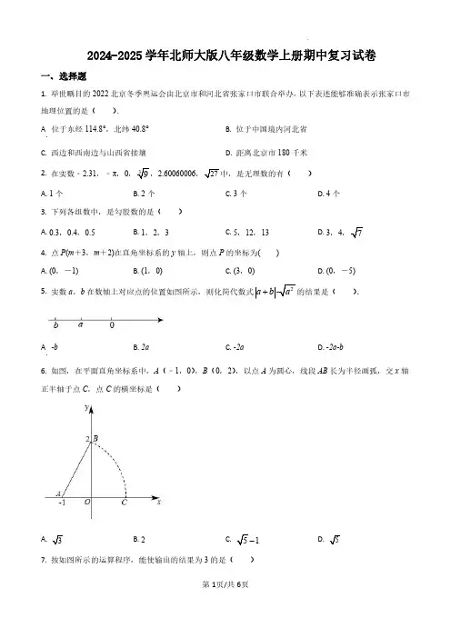 2024-2025学年北师大版八年级数学上册期中复习试卷 