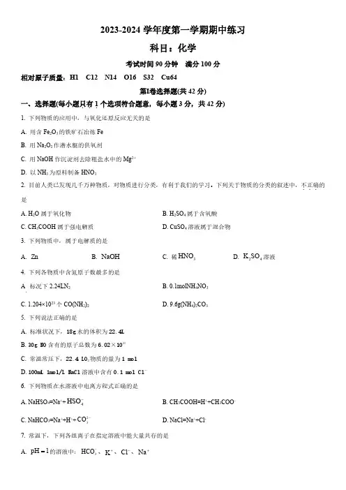 2023-2024学年北京市第八中学高一上学期期中考试化学试卷含详解