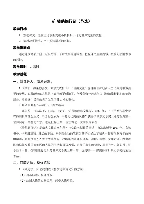 (2023春)部编版六年级语文下册《骑鹅旅行记(节选)》教案及教学反思