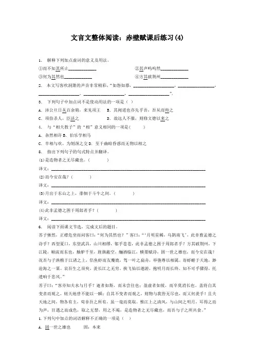 高考语文复习专项练习文言文整体阅读：赤壁赋(4) Word版含答案.doc