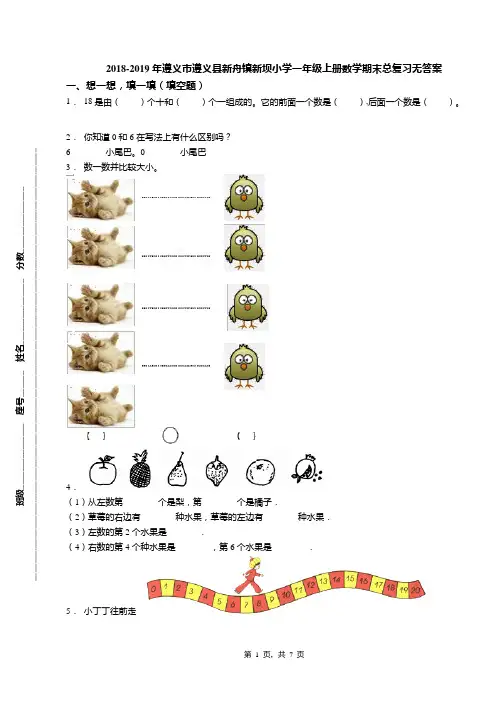 2018-2019年遵义市遵义县新舟镇新坝小学一年级上册数学期末总复习无答案