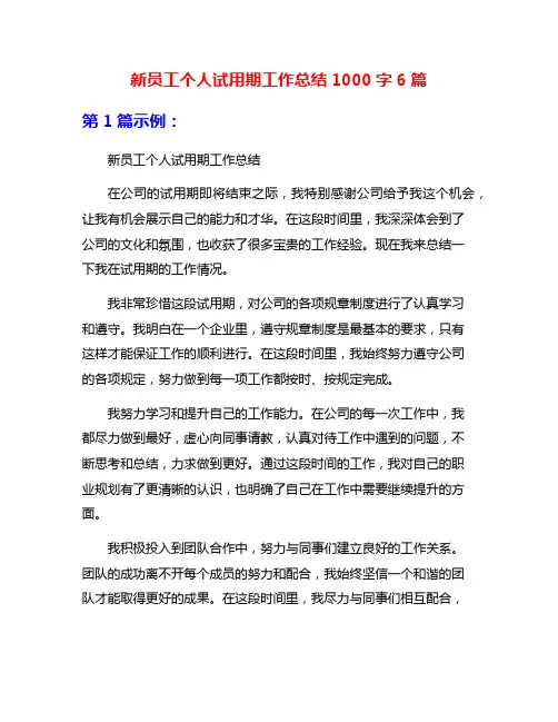 新员工个人试用期工作总结1000字6篇