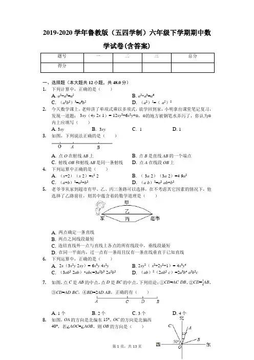 2019-2020学年鲁教版(五四学制)六年级下学期期中数学试卷(含答案)含5基本平面图形+6整式的乘除