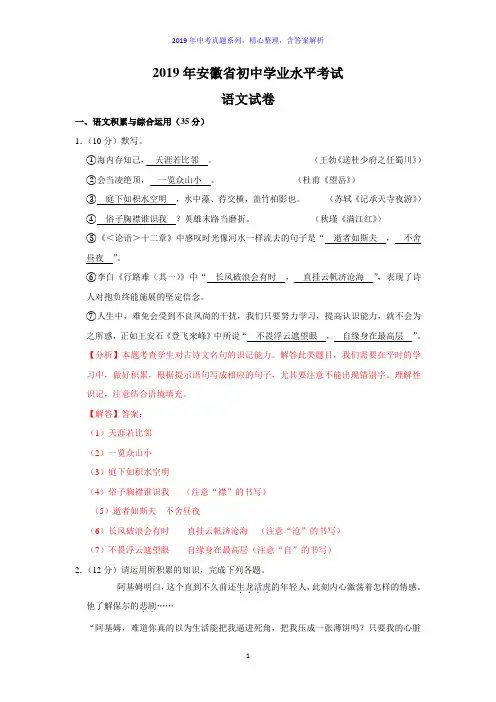 【2019年中考真题系列】2019年安徽省中考语文真题试卷含答案(解析版)