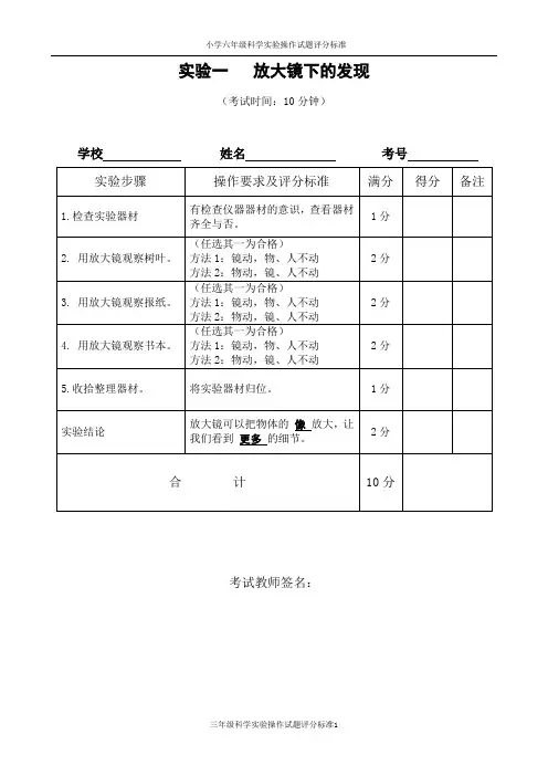 20XX年春期小学六年级科学实验操作考核评分标准3