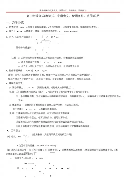 高中物理公式(表达式、字母含义、使用条件、范围)总结