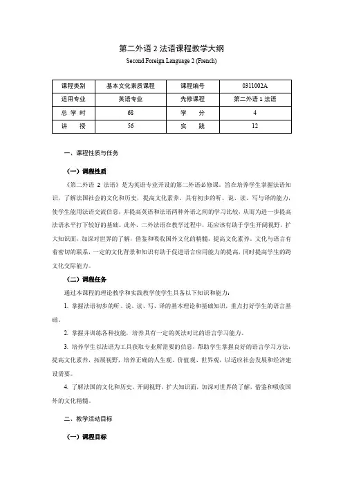 第二外语2(法语)英语专业大纲