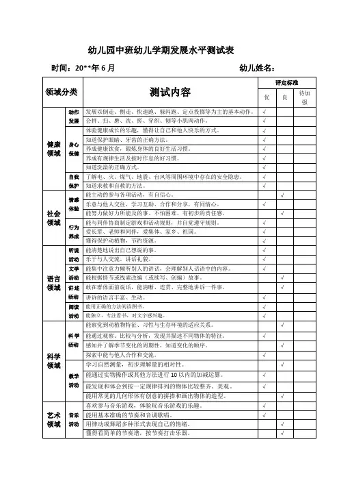 幼儿园中班幼儿学期发展水平测试表1